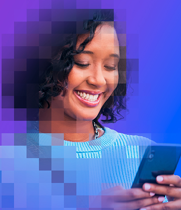 pixellated image of woman looking at smartphone